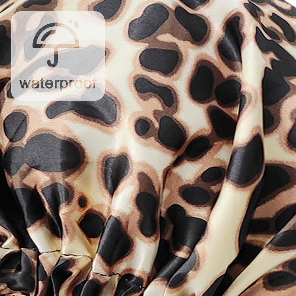 Edoneery Leopard Shower Cap in bathroom demonstrates daily protective use.