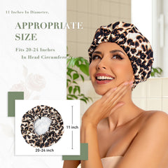 Edoneery Leopard Shower Cap on head shows long-hair coverage and snug fit.