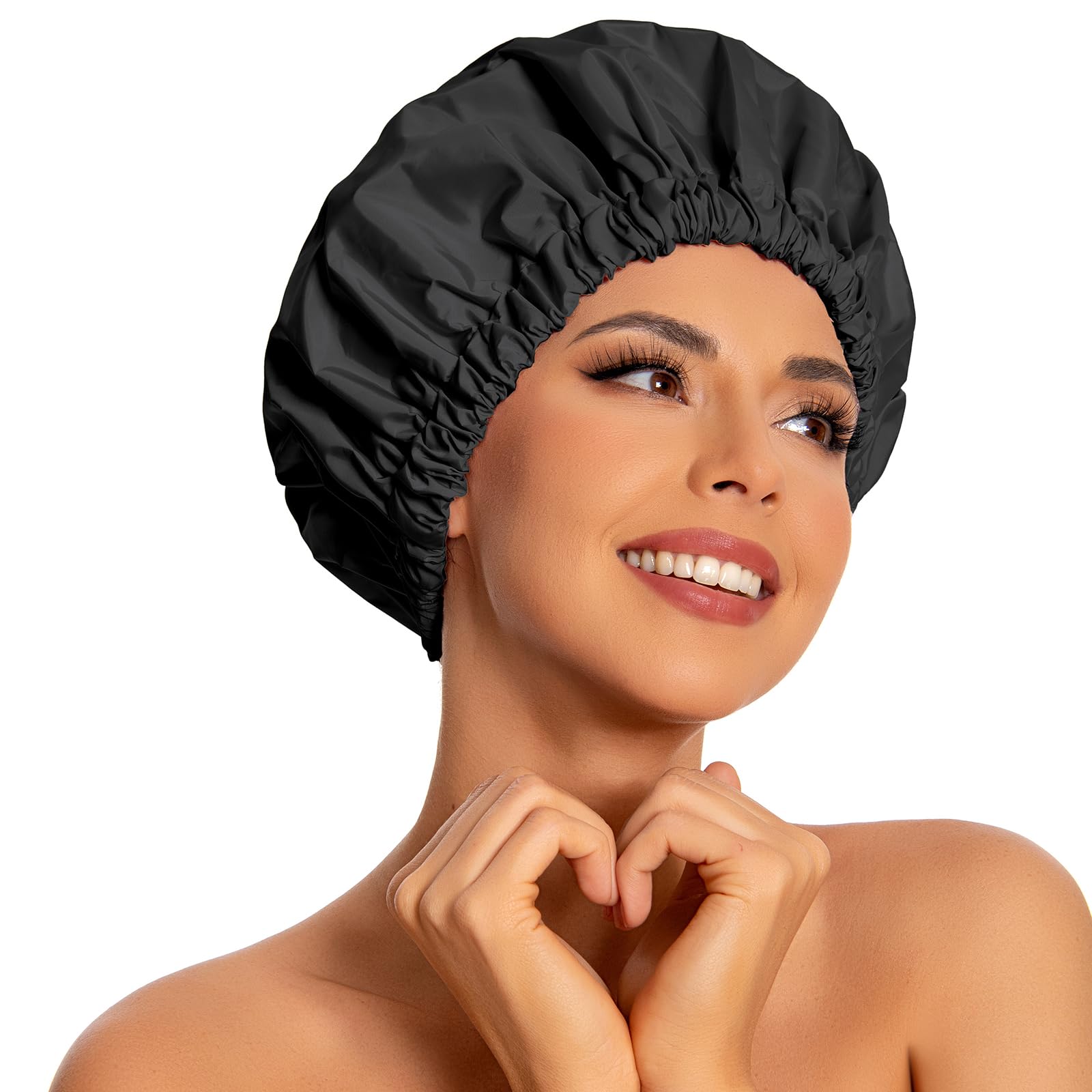 Edoneery reusable shower cap on head keeps hair dry during showers.