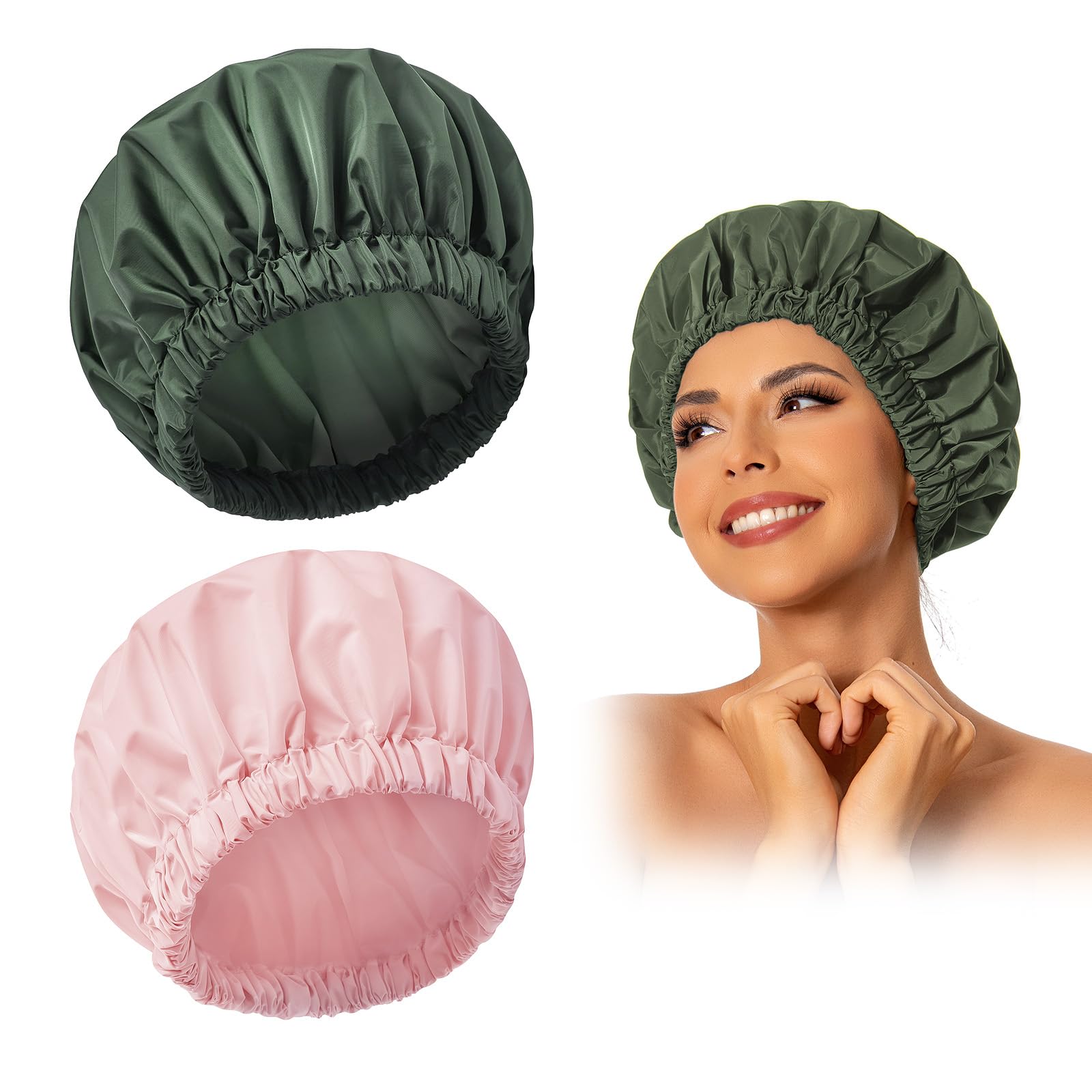 Edoneery reusable shower cap front view pink-green protects hair during shower routine