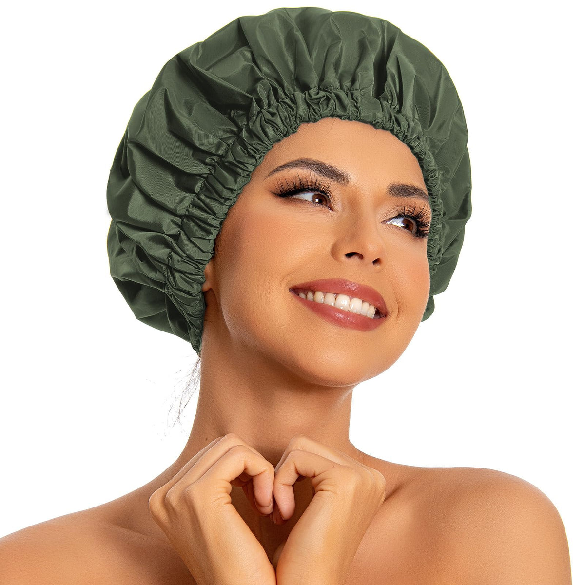 Edoneery shower cap full view showing large waterproof design for long hair