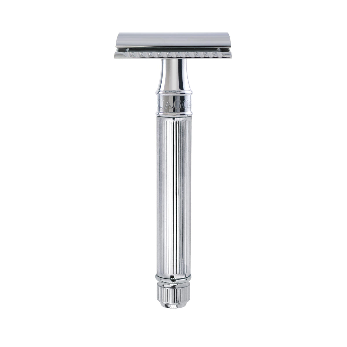 Edwin Jagger DE89LBLAMZ razor head close-up showing precise control for a smooth shave.