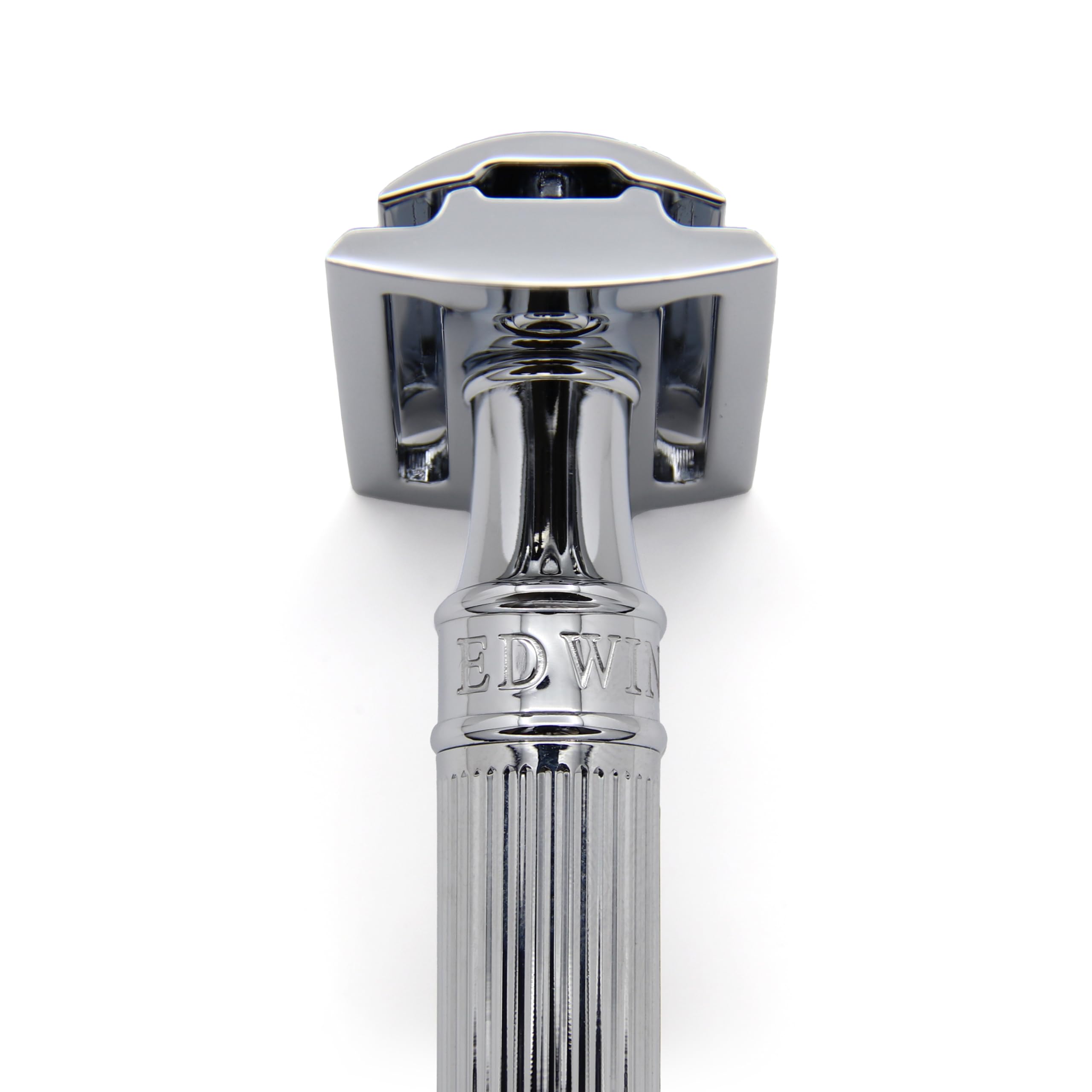 Edwin Jagger DE89LBLAMZ razor in hand ready for shaving cream or soap lather.