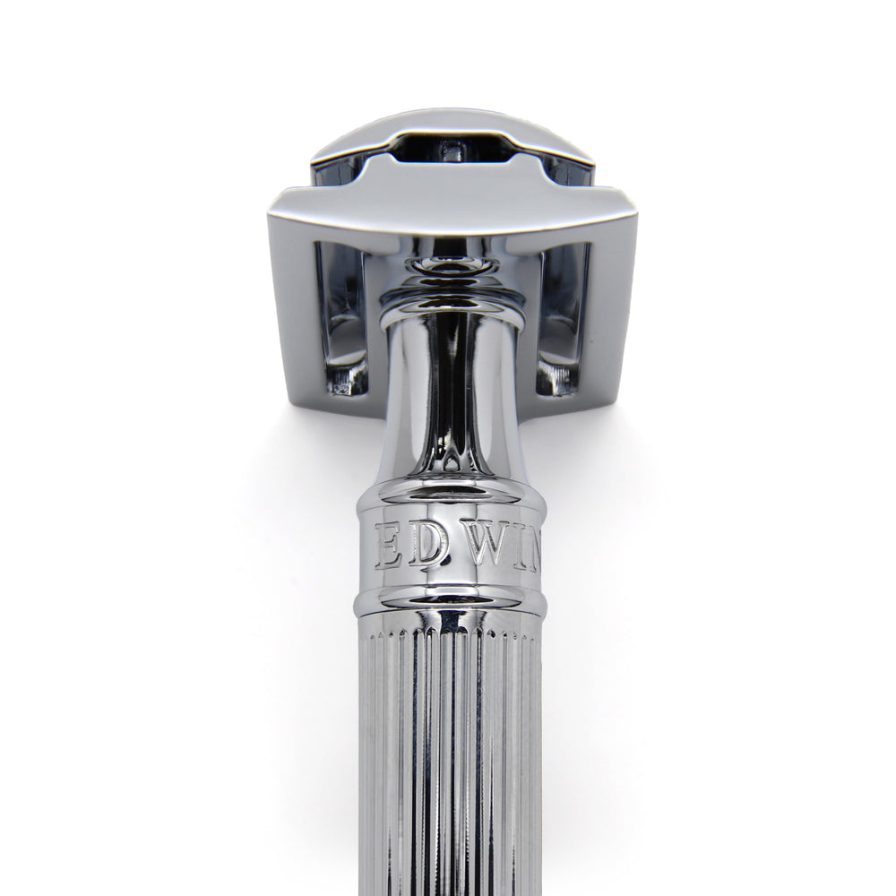 Edwin Jagger DE89LBLAMZ razor in hand ready for shaving cream or soap lather.