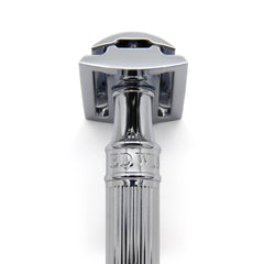 Edwin Jagger DE89LBLAMZ razor in hand ready for shaving cream or soap lather.