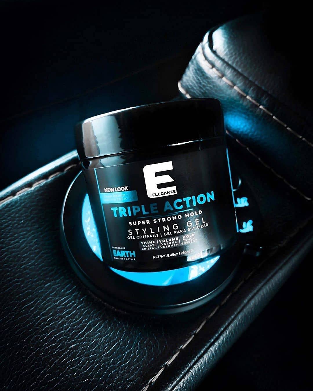 E Elegance Earth Fragrance hair-style-hold shot shows dramatic control and all-day structure.