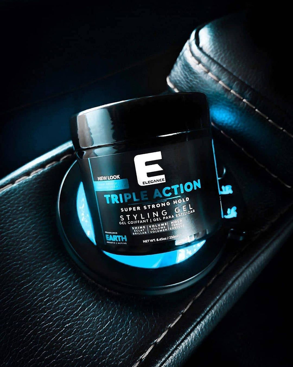E Elegance Earth Fragrance hair-style-hold shot shows dramatic control and all-day structure.