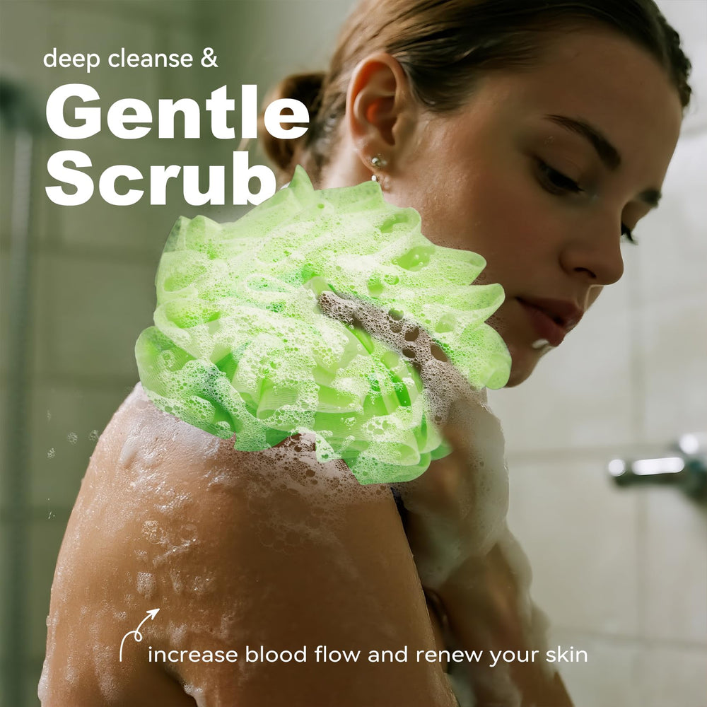 Eelexa loofah holder on bathroom shelf demonstrates soap-saving design.