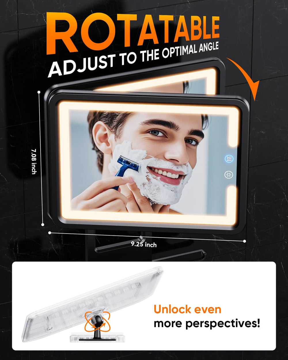eeuuty shower mirror with three color lighting modes for grooming visibility