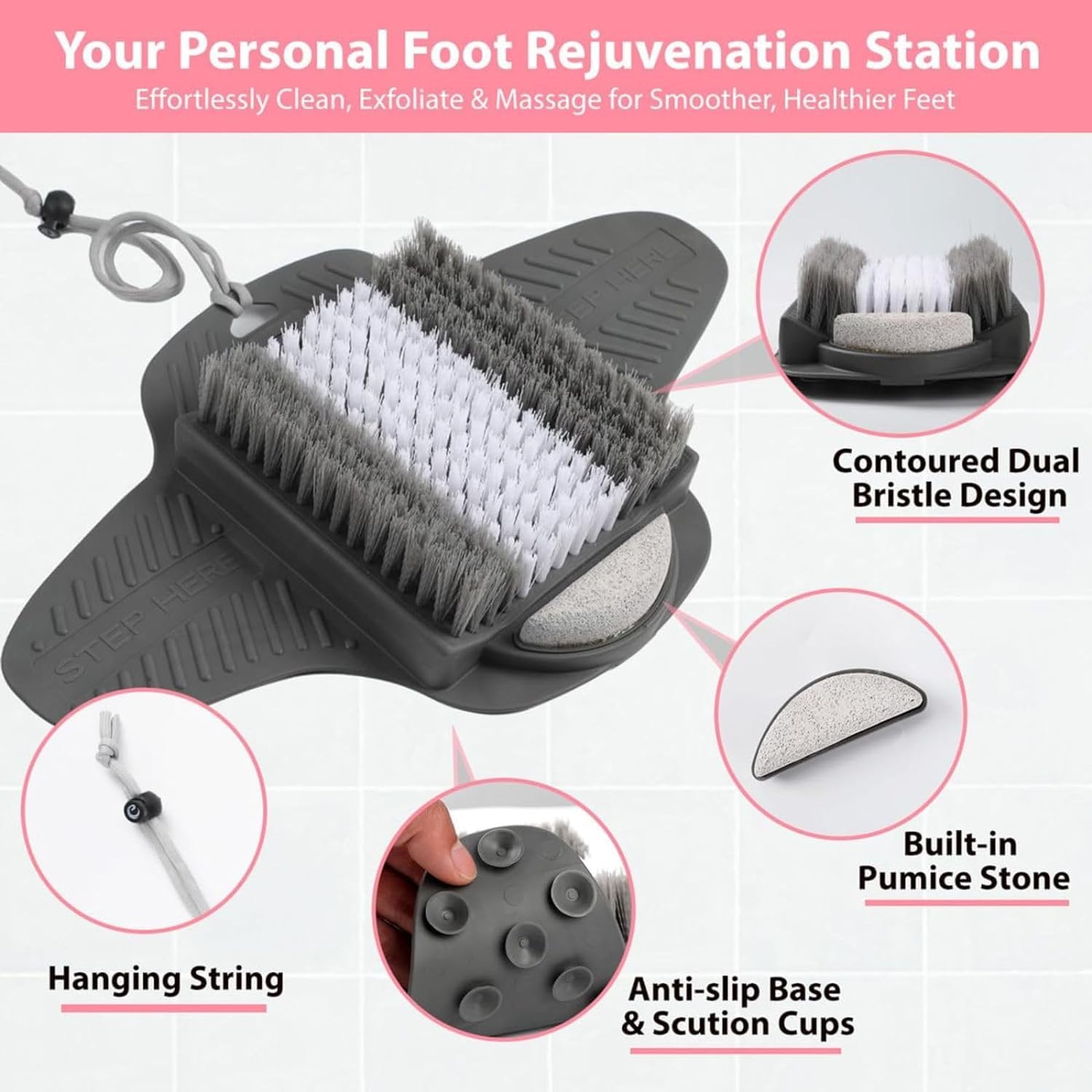 Efforest foot scrubber with non-slip suction cups keeps mat secure during bath time