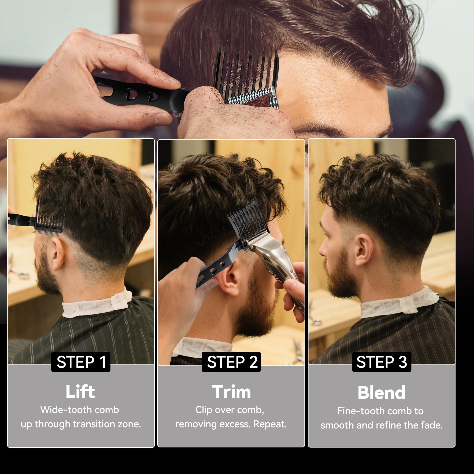 EHBELIF Blend Friend Fade Comb Set ergonomic-handle close-up demonstrates non-slip grip for steady fades.