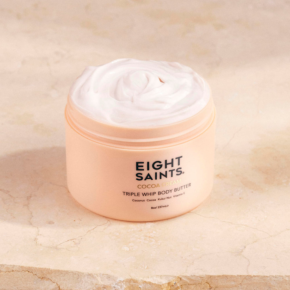 Eight Saints Cocoa Creme ingredients list highlighting coconut oil, cocoa, and Vitamin E