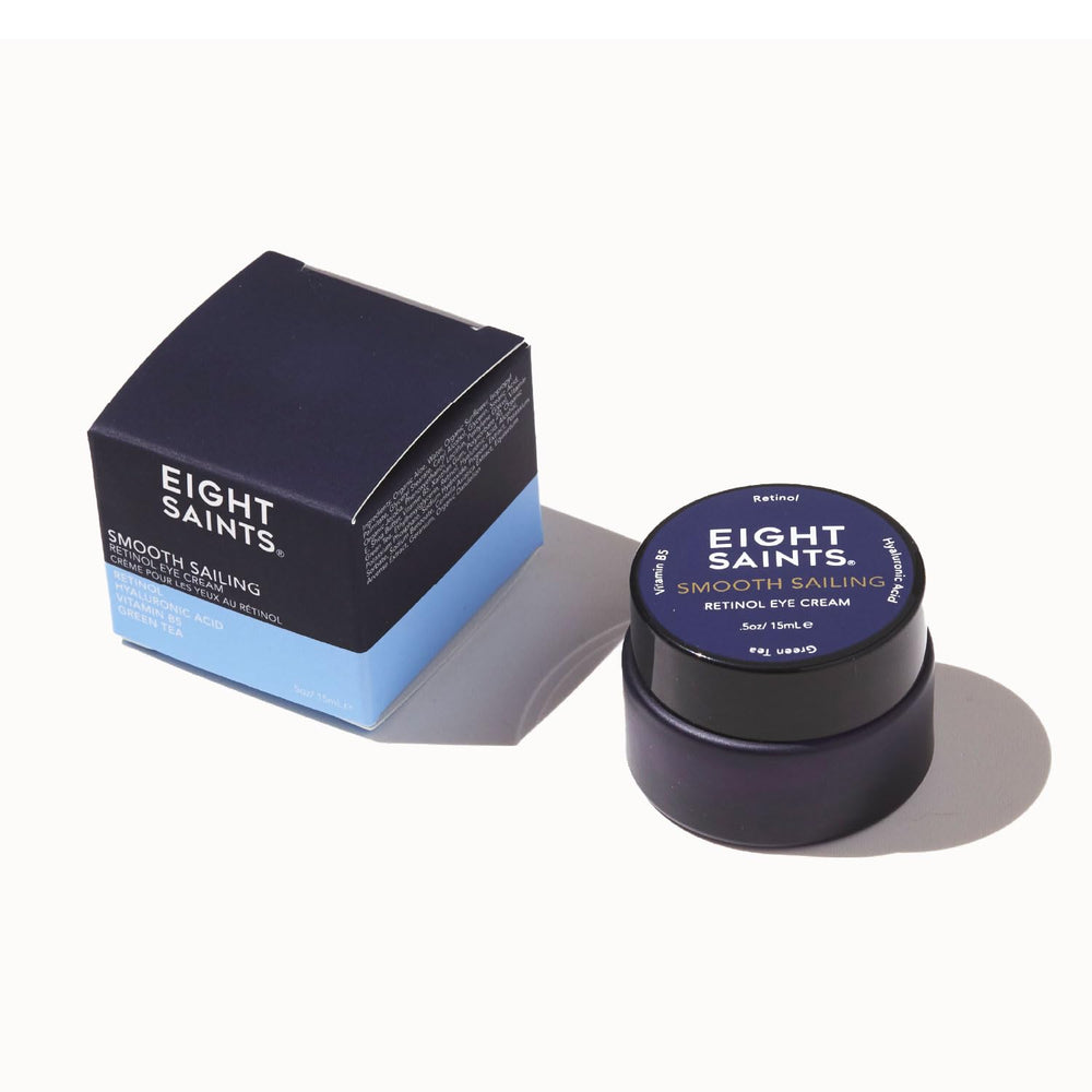 Eight Saints eye cream with hyaluronic acid highlighting hydrating glow.