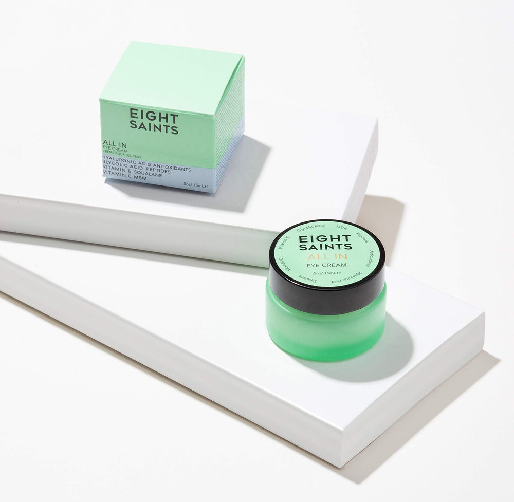 Ingredients list highlights aloe, hyaluronic acid, and caffeine in Eight Saints