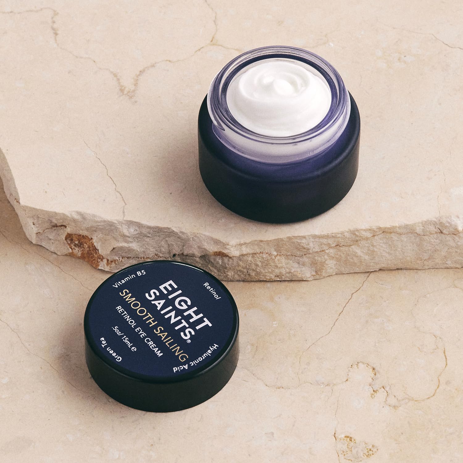 Eight Saints retinol eye cream application under-eye area demonstrates quick absorption.