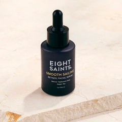 Eight Saints retinol serum on face demonstrates quick-absorbing hydration.