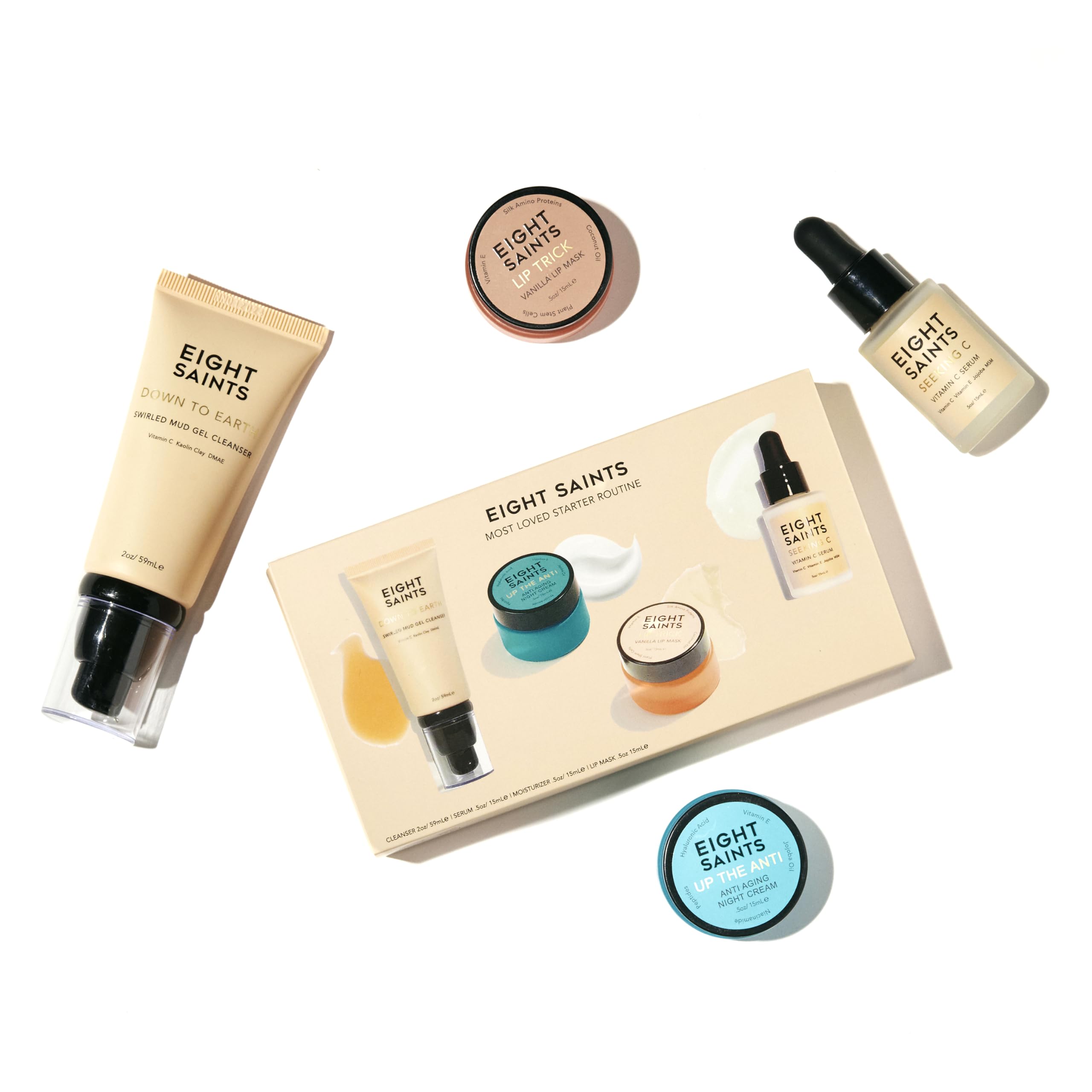 Eight Saints skincare set front view with gift-ready presentation for easy gifting