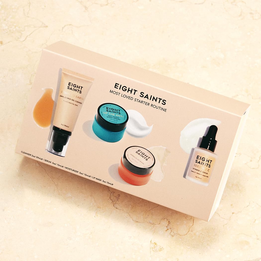 Eight Saints skincare set packaging showing cruelty-free, fragrance-free promise