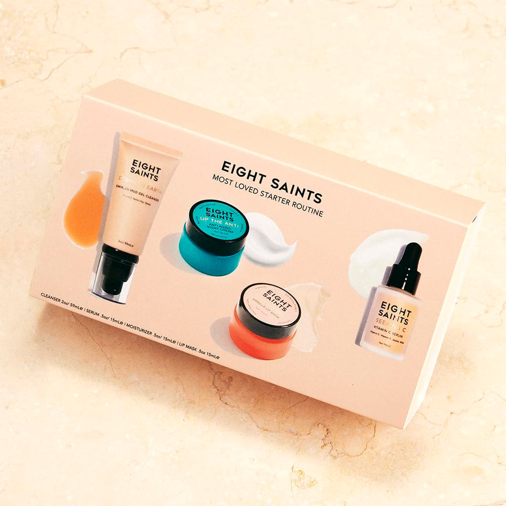 Eight Saints skincare set packaging showing cruelty-free, fragrance-free promise