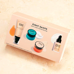 Eight Saints skincare set packaging showing cruelty-free, fragrance-free promise