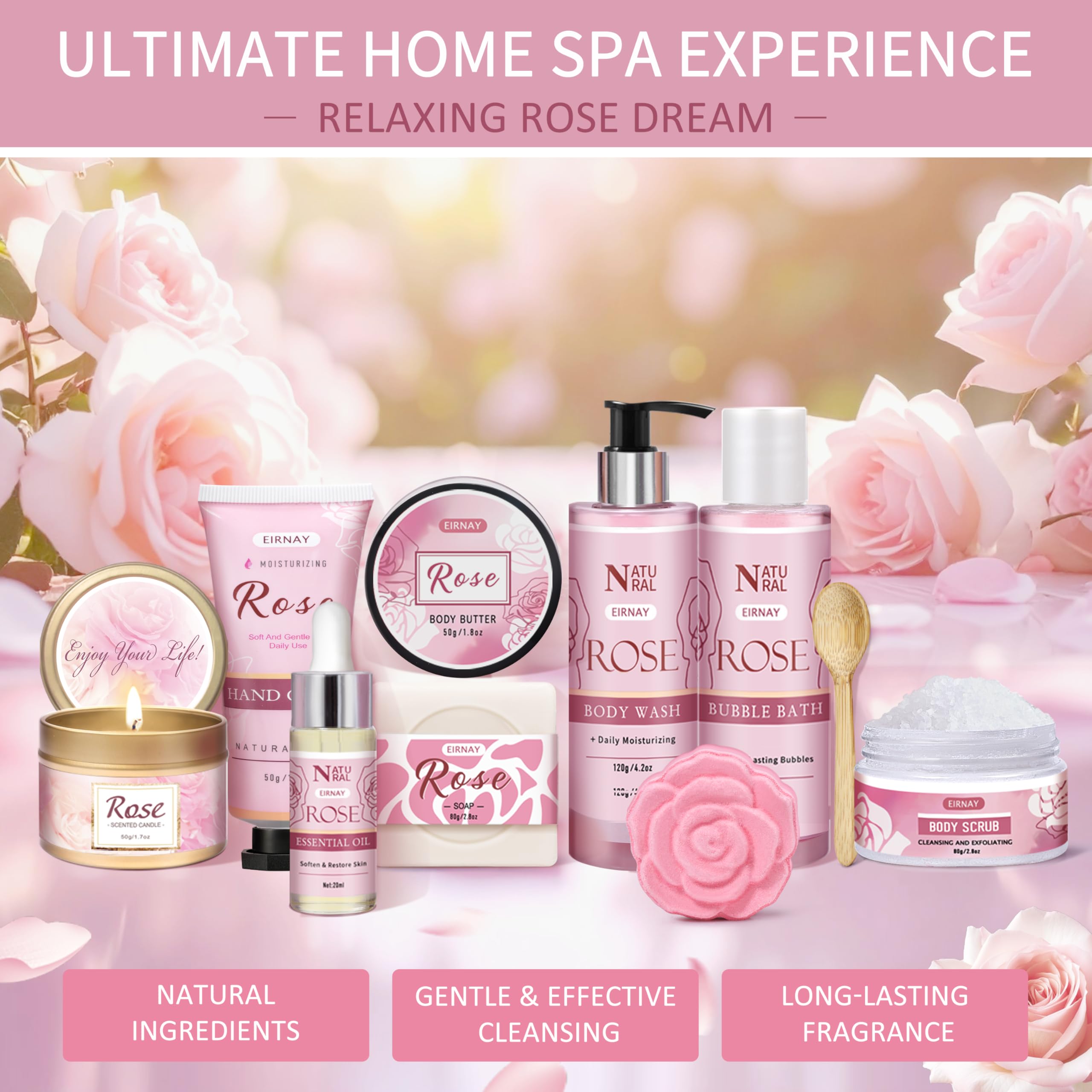 EIRNAY bath bomb and rose candle pair for spa-like pampering