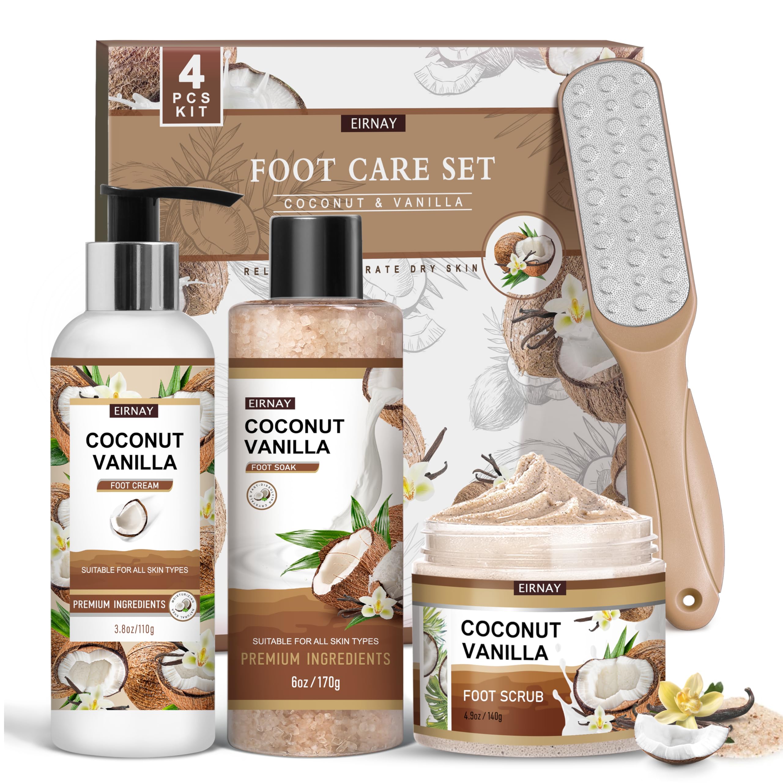 EIRNAY Coconut & Vanilla Foot Soak bottle for hydrated feet after bath