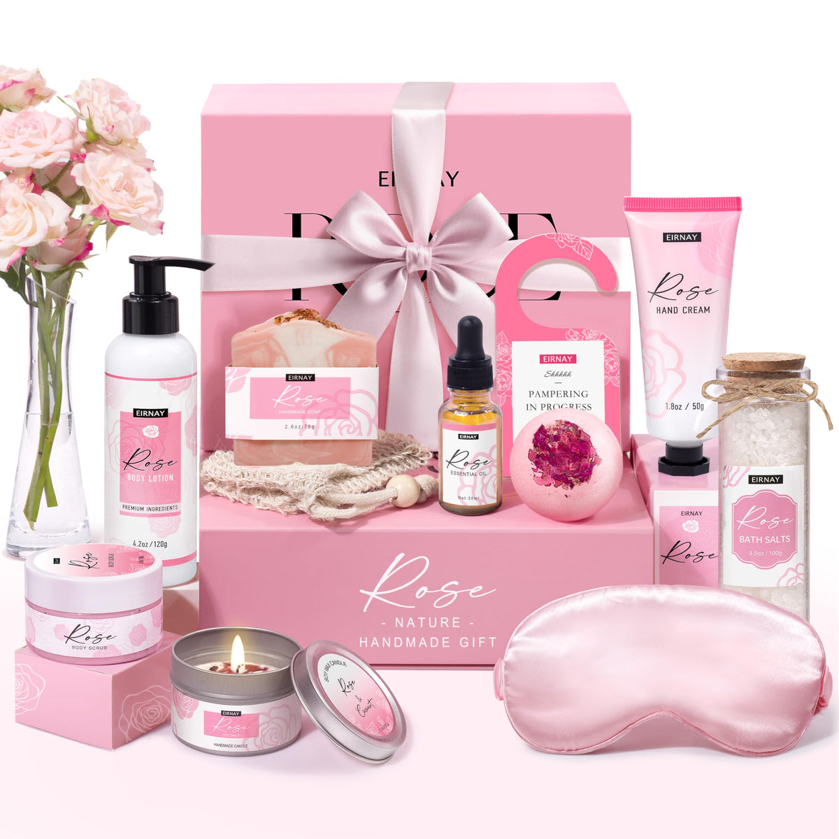 EIRNAY rose-petal soy candles create a soothing home spa ambiance