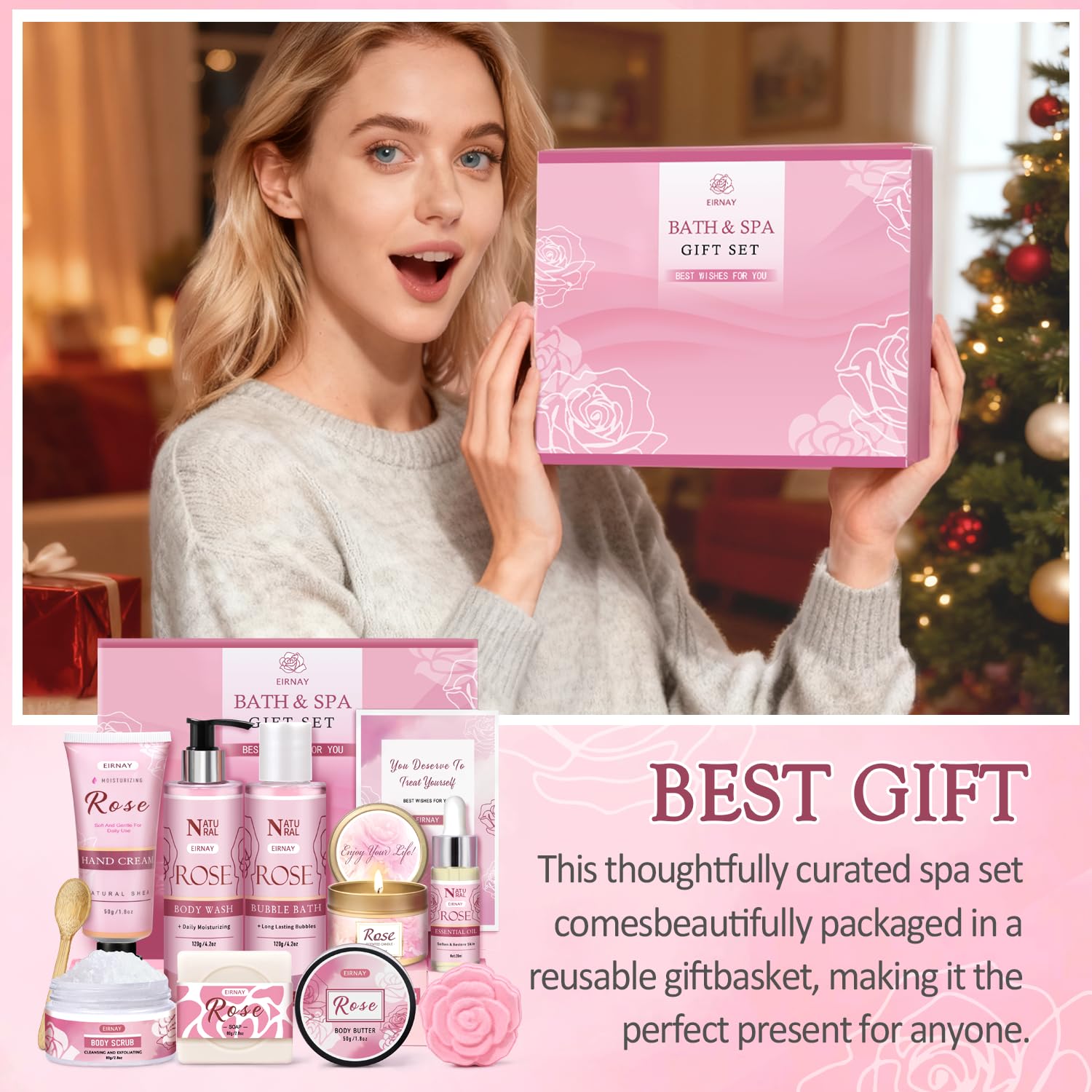 EIRNAY rose soap with wooden scoop in premium gift setup