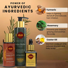 EKMIVEDA hair growth set packaging—three-piece Ayurvedic regimen for hair care.