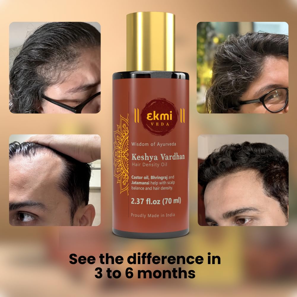 EKMIVEDA Keshya Shodhan Shampoo label shown with oil
