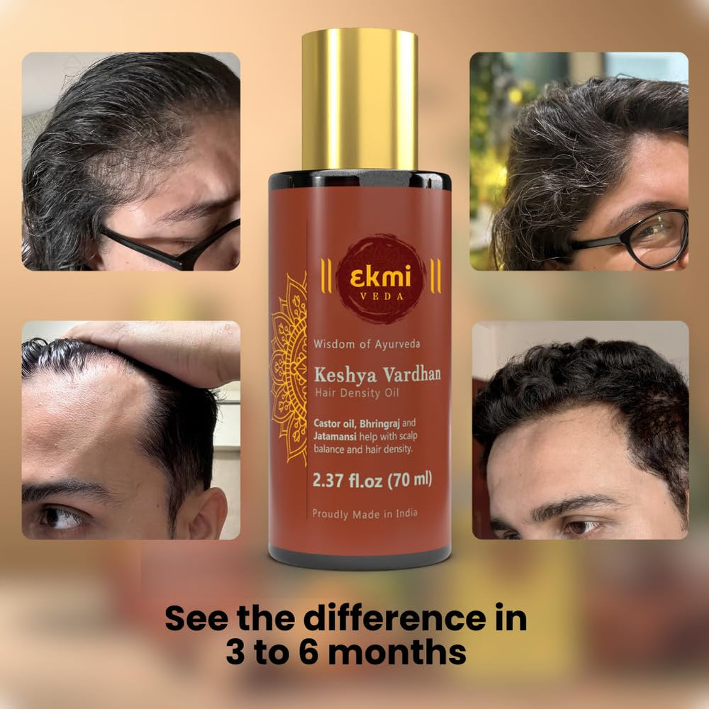 EKMIVEDA Keshya Shodhan Shampoo label shown with oil