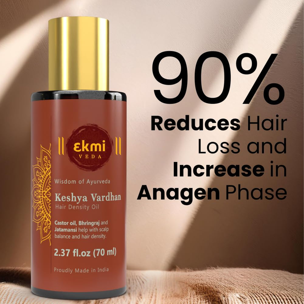 Closeup of ingredients in EKMIVEDA Keshya Vardhan oil for follicle care