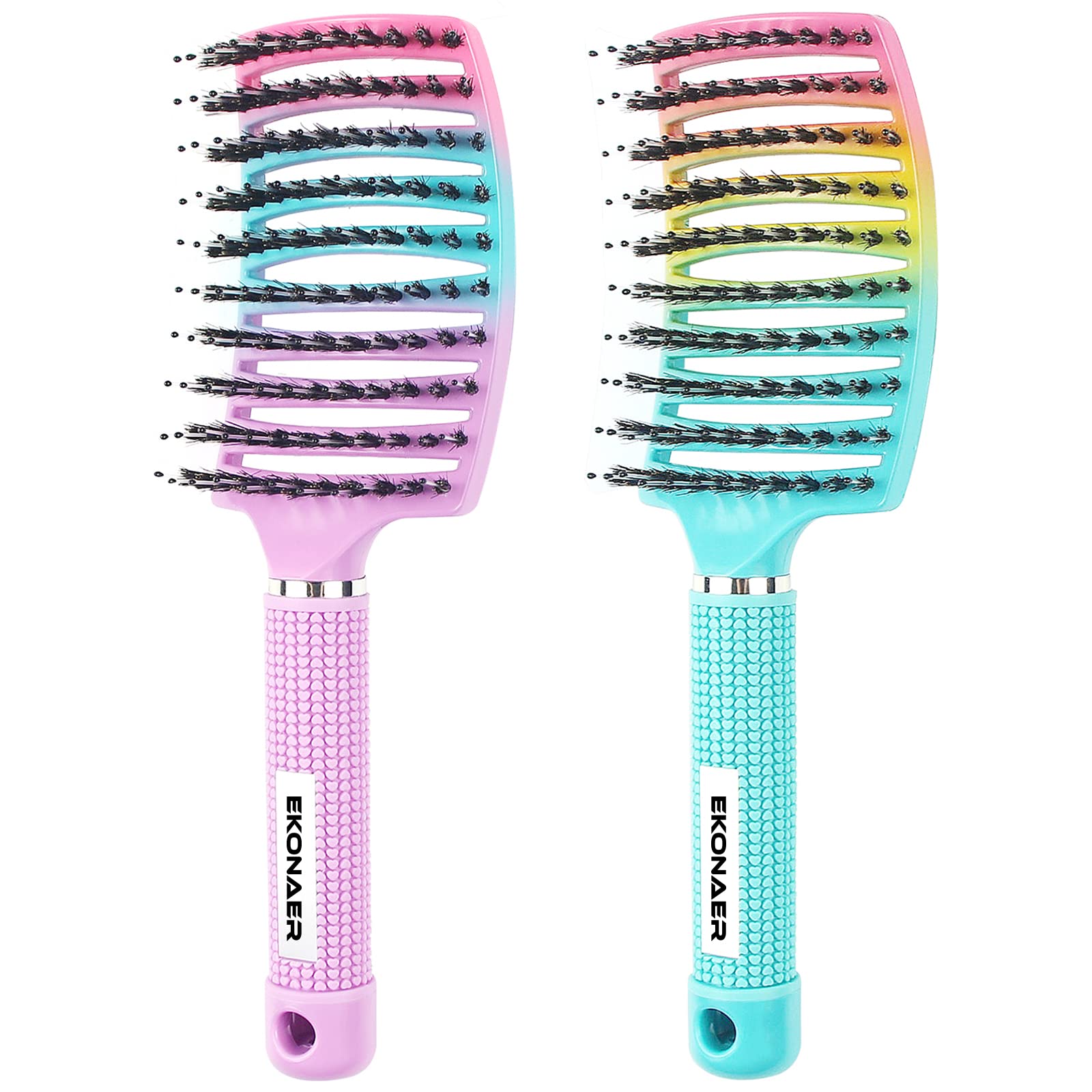 EKONAER detangling brush front view in green-pink pack, ideal for quick detangling and shine.