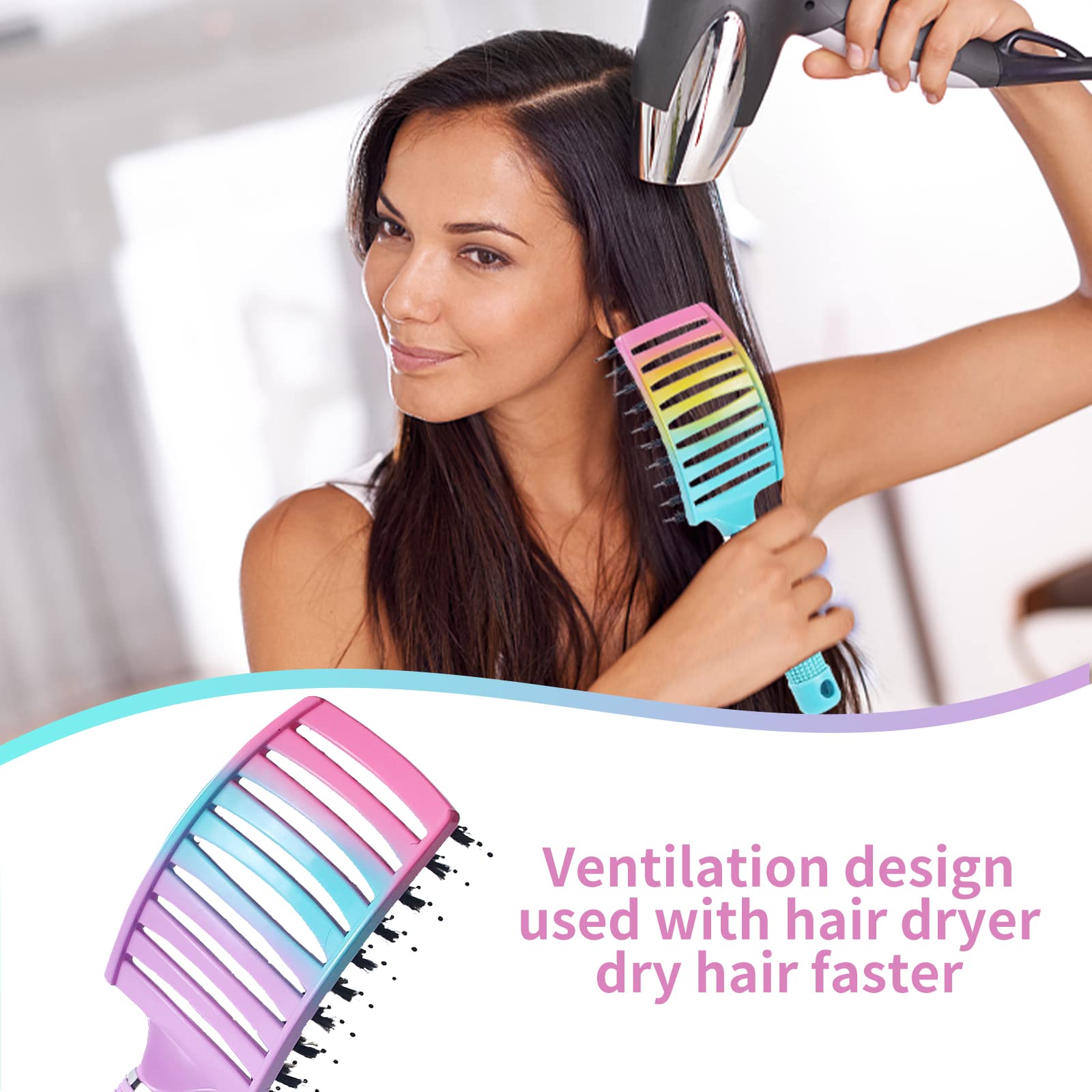 EKONAER detangling brush vented design shown with blow-dryer setup, aids faster drying.