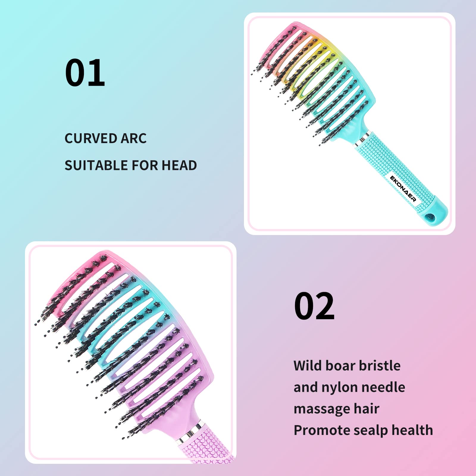 EKONAER detangling brush with rubber handle, easy grip during styling.