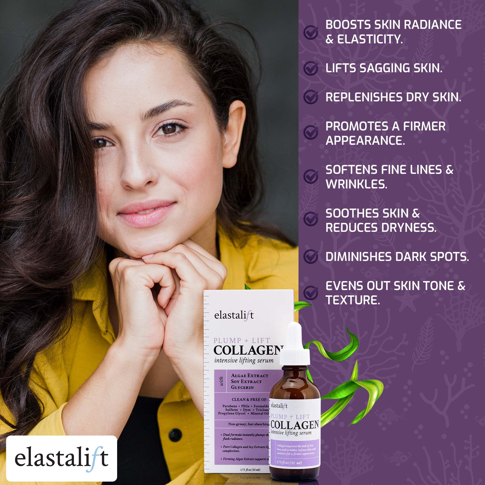 Elastalift collagen serum ingredients soy and algae suggest firming and brightening benefits