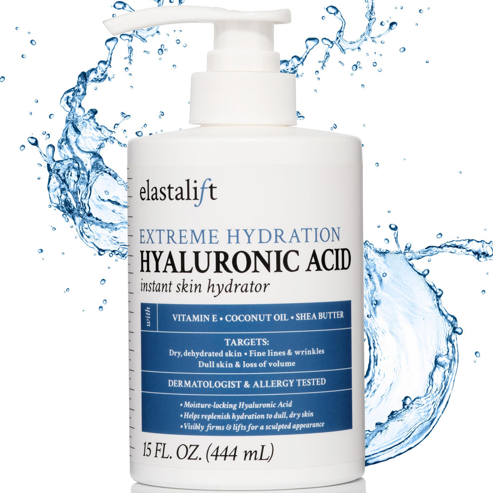 Elastalift Hyaluronic Acid Body Lotion bottle shows hydrating formula for radiant skin