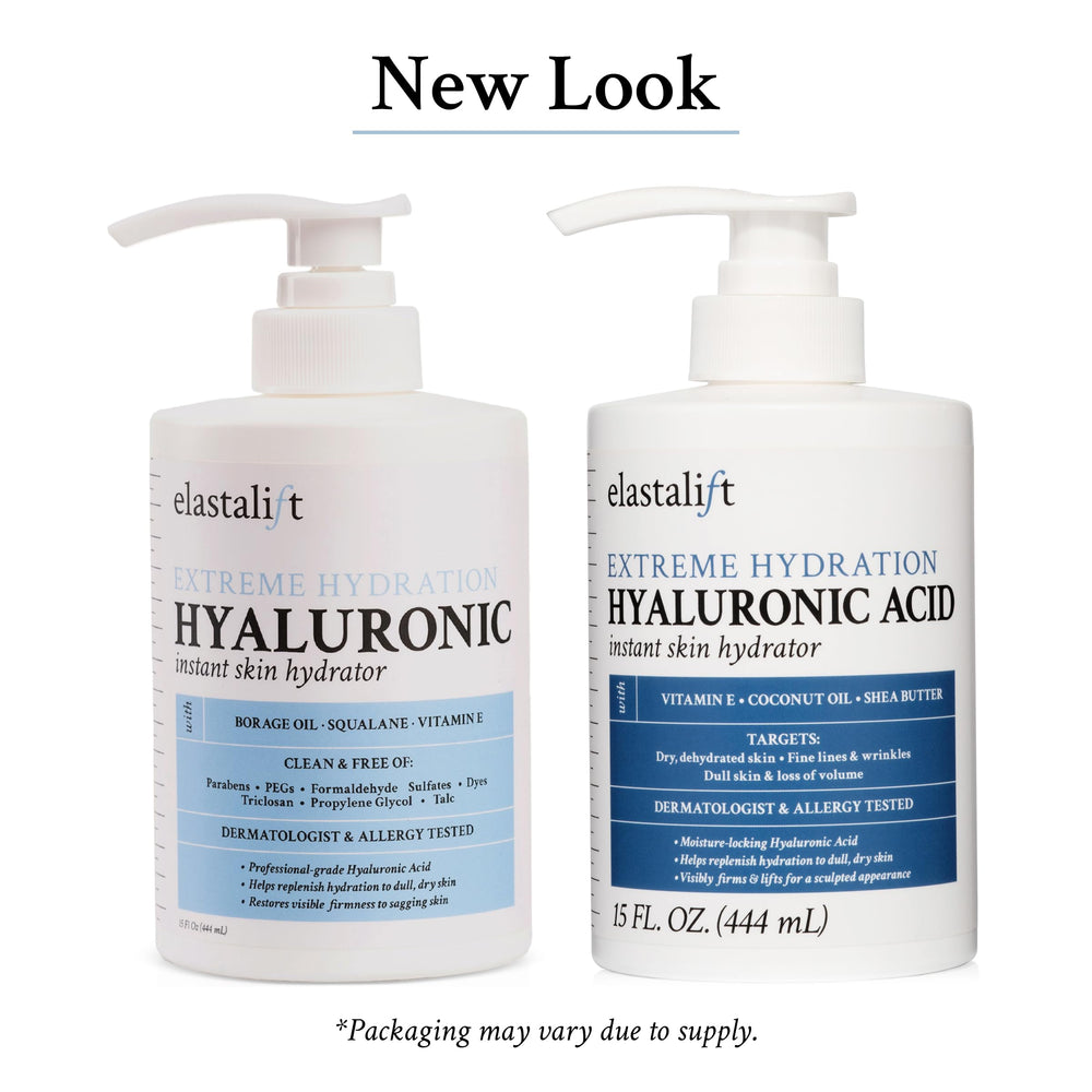Elastalift Hyaluronic Acid Body Lotion packaging box highlights clean, paraben-free formula