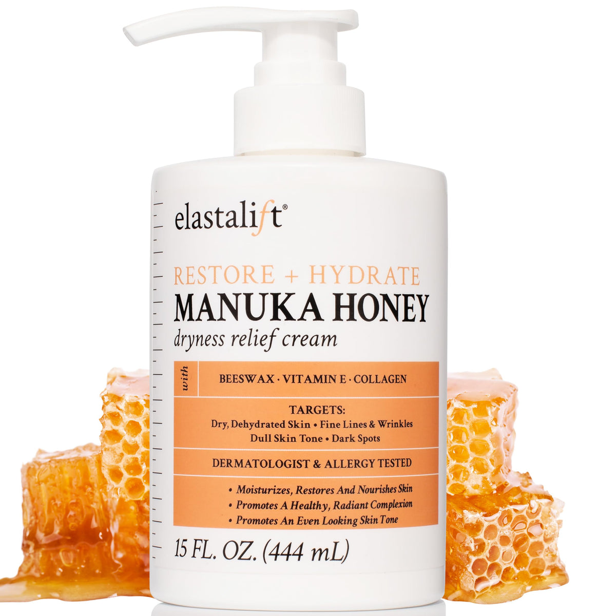 Elastalift Manuka Honey Cream jar front showcases rich hydration for dry, parched skin.