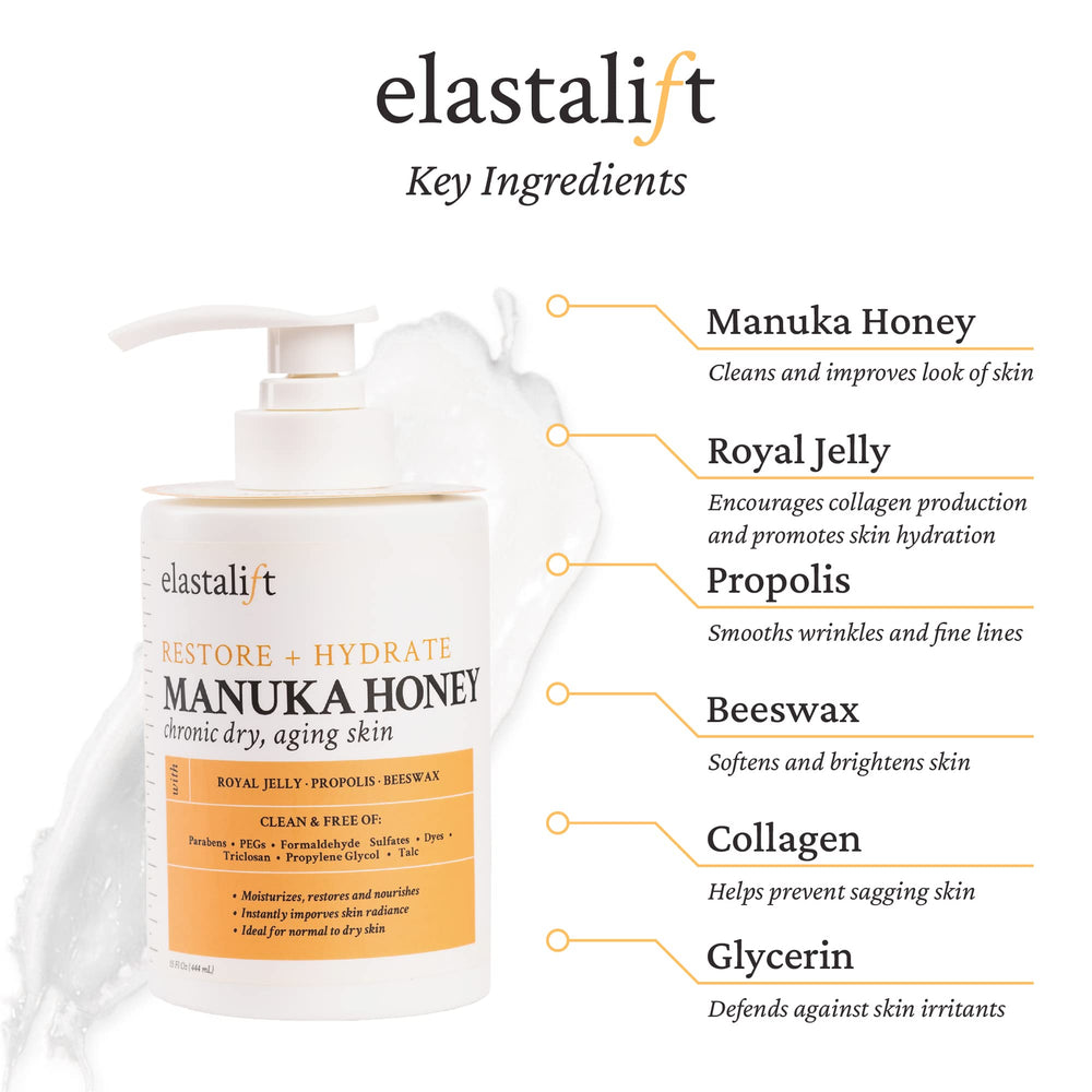 Elastalift Manuka Honey Cream label closeup highlights premium ingredients for skin nourishment.