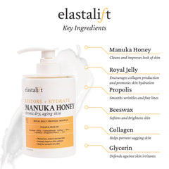 Elastalift Manuka Honey Cream label closeup highlights premium ingredients for skin nourishment.