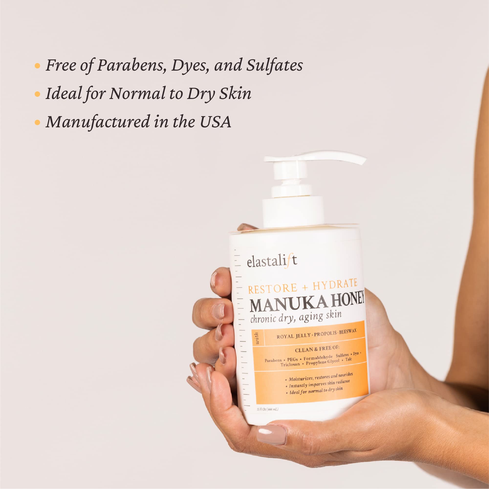 Elastalift Manuka Honey ingredients image highlights Royal Jelly, Propolis, Aloe for elasticity.