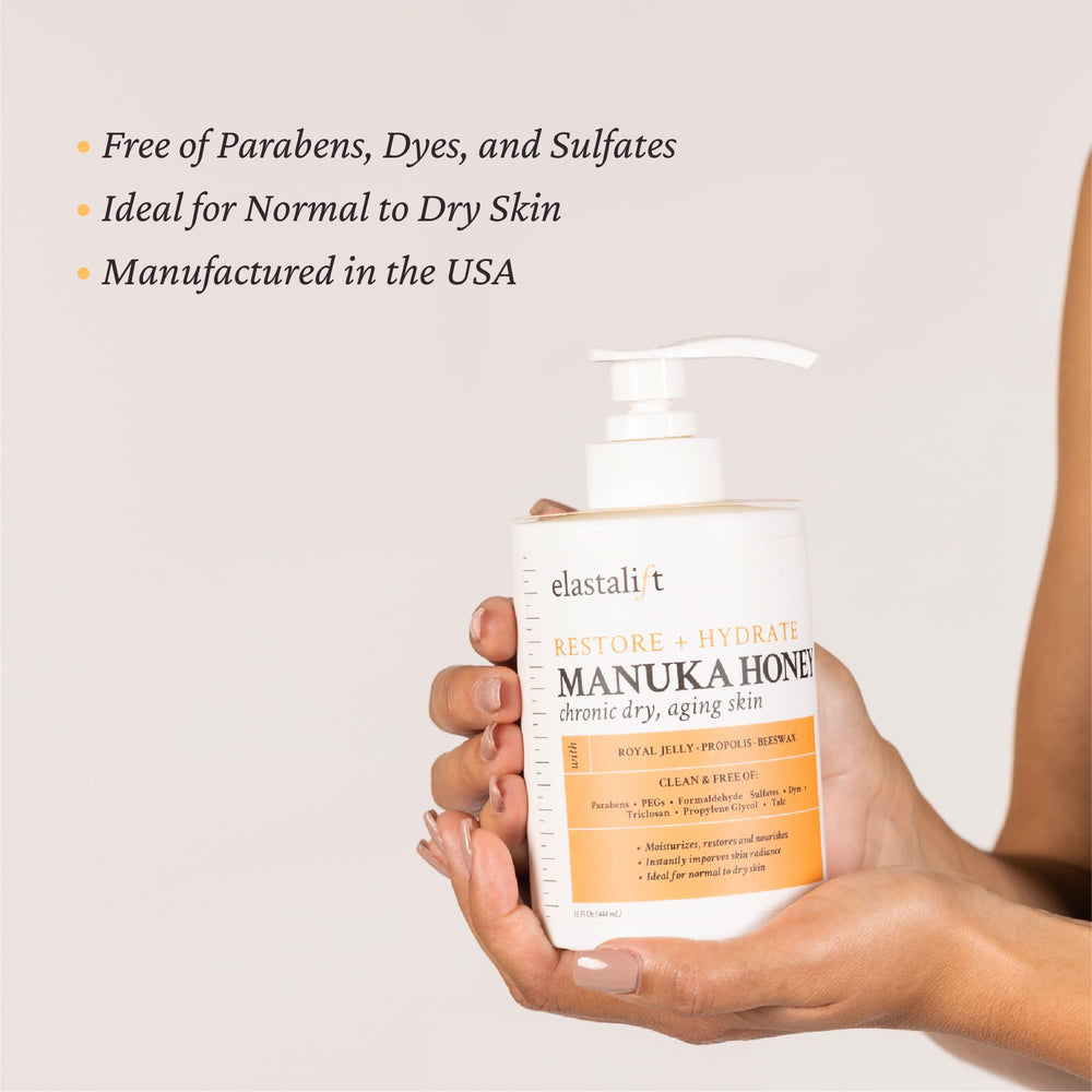 Elastalift Manuka Honey ingredients image highlights Royal Jelly, Propolis, Aloe for elasticity.