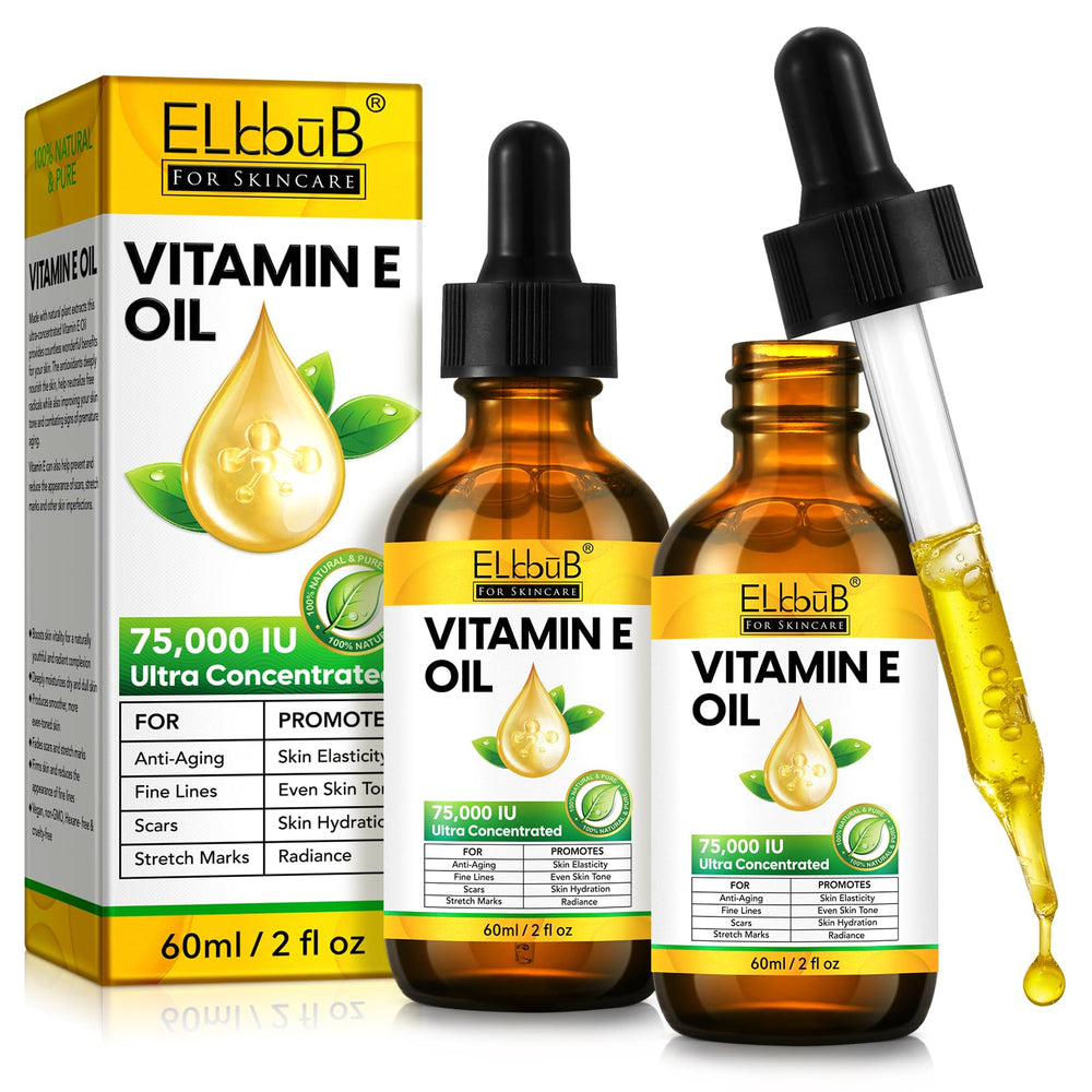 ELBBUB Vitamin E Oil bottle highlights ultra-concentration delivering intense skin hydration