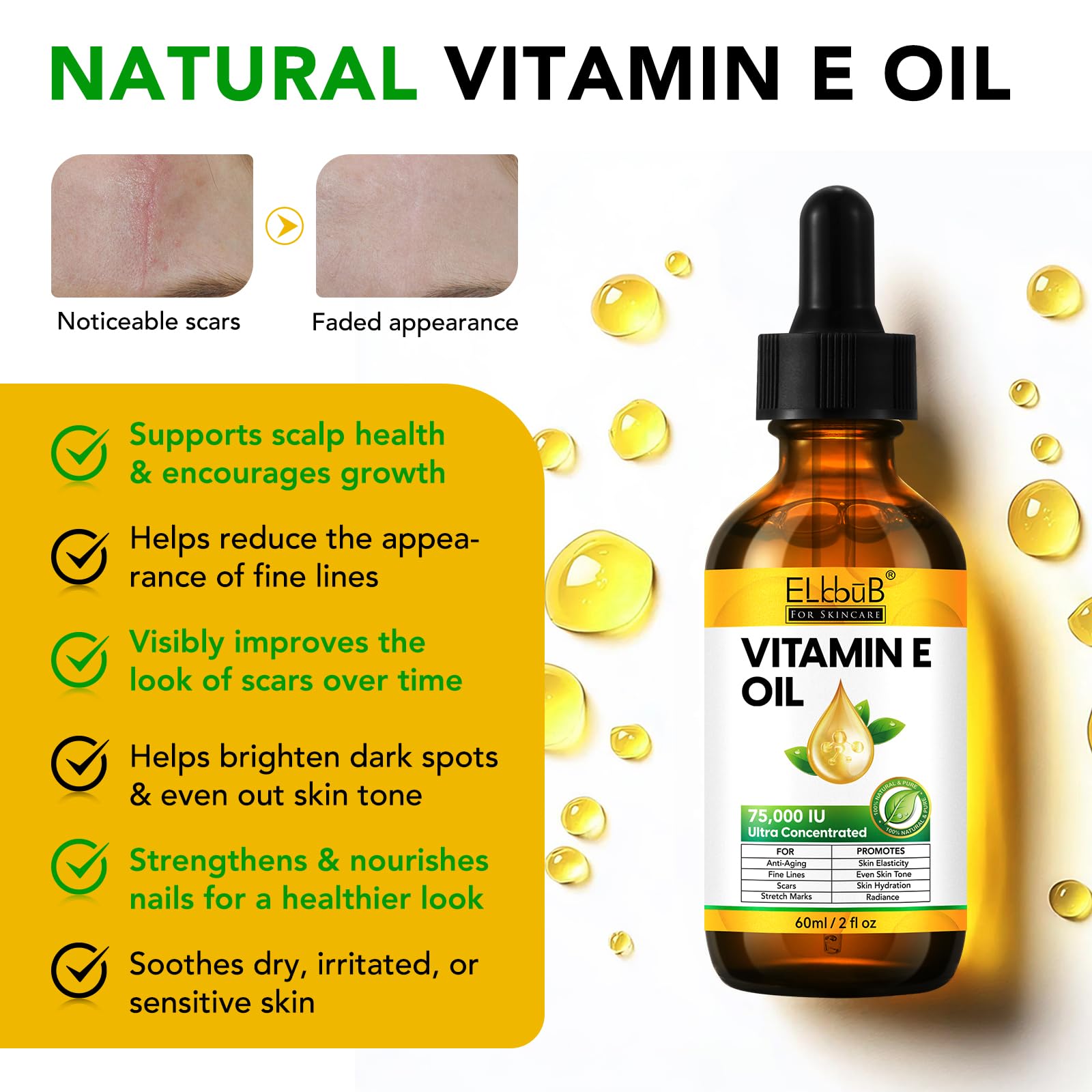 ELBBUB Vitamin E Oil used on hair to hydrate, reduce dryness, and add shine