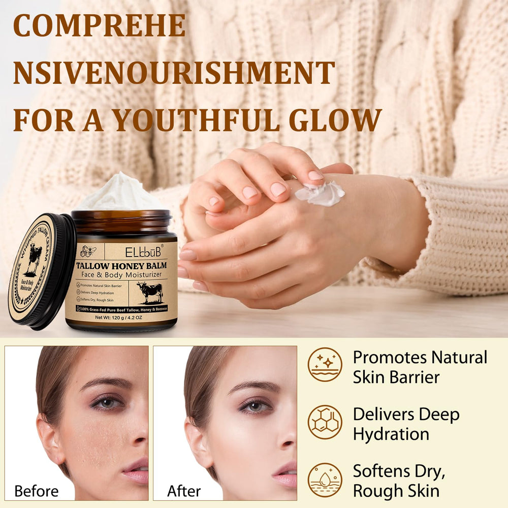 ELBBUB Whipped Tallow Cream face-body feature shows versatile skincare for daily moisture.