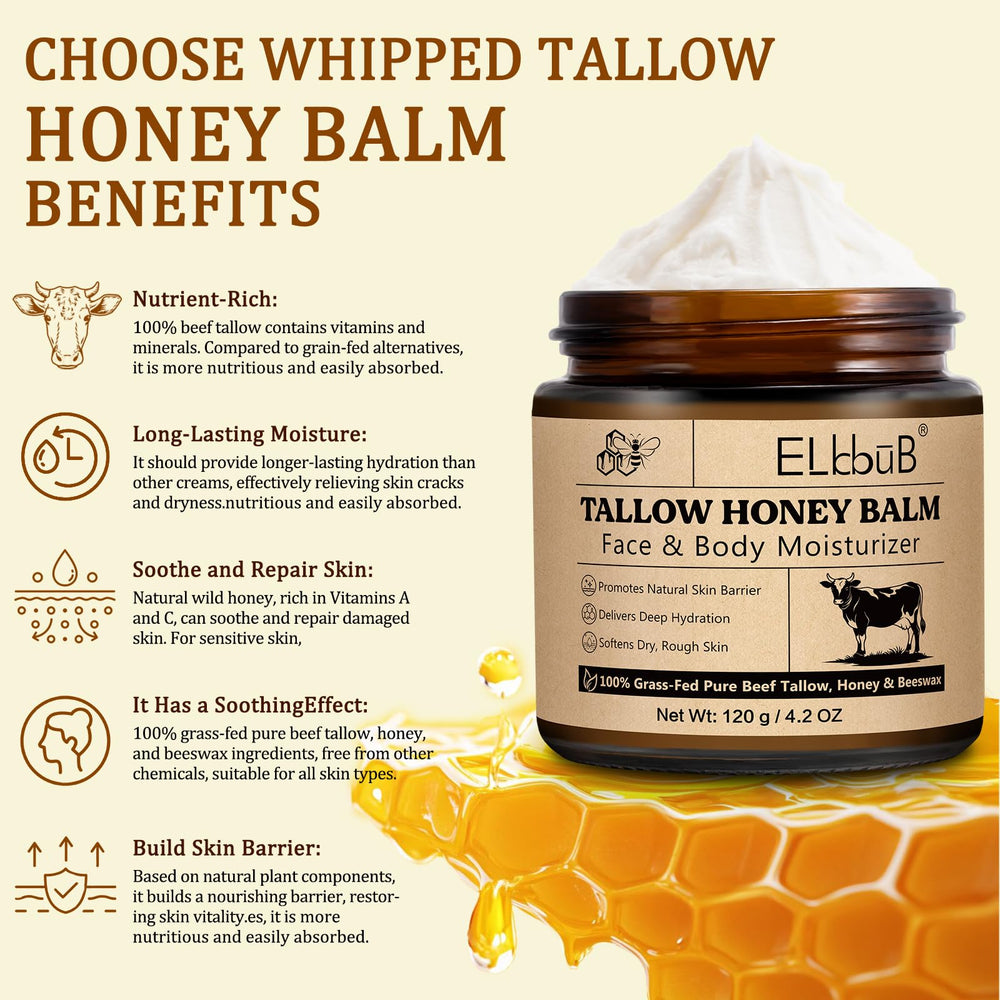 ELBBUB Whipped Tallow Cream ingredients closeup highlights grass-fed tallow and honey benefits.