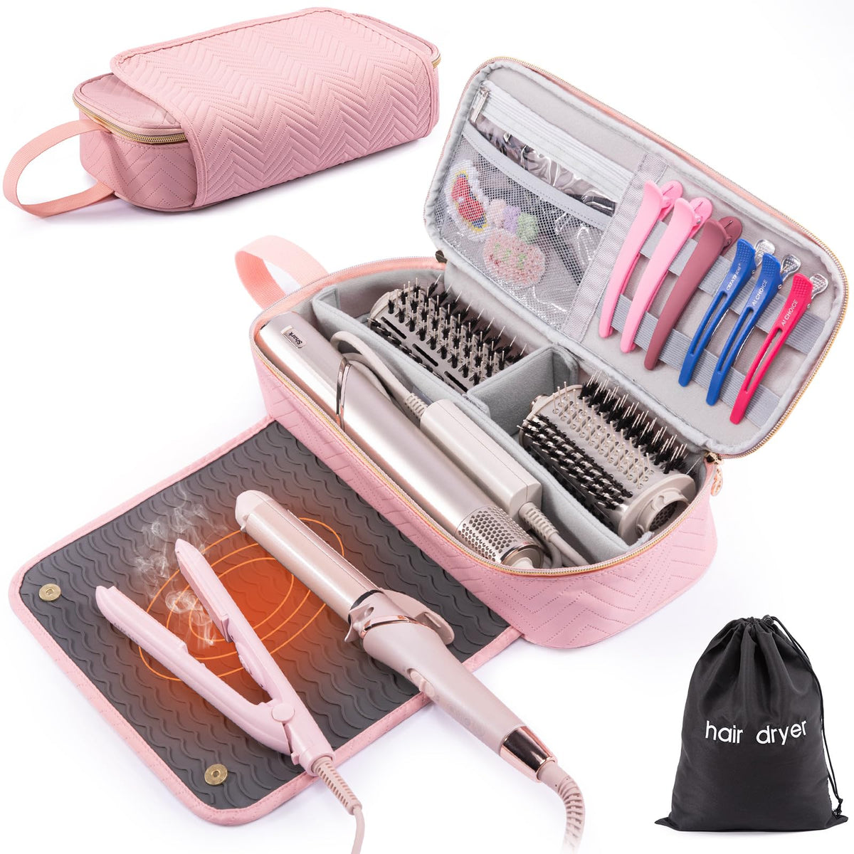 ELCUPA 2IN1 hair tools travel bag open main compartment keeps tools organized on trips.
