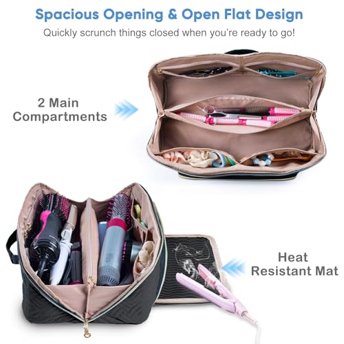 ELCUPA travel bag with heat-resistant mat protecting surfaces during styling