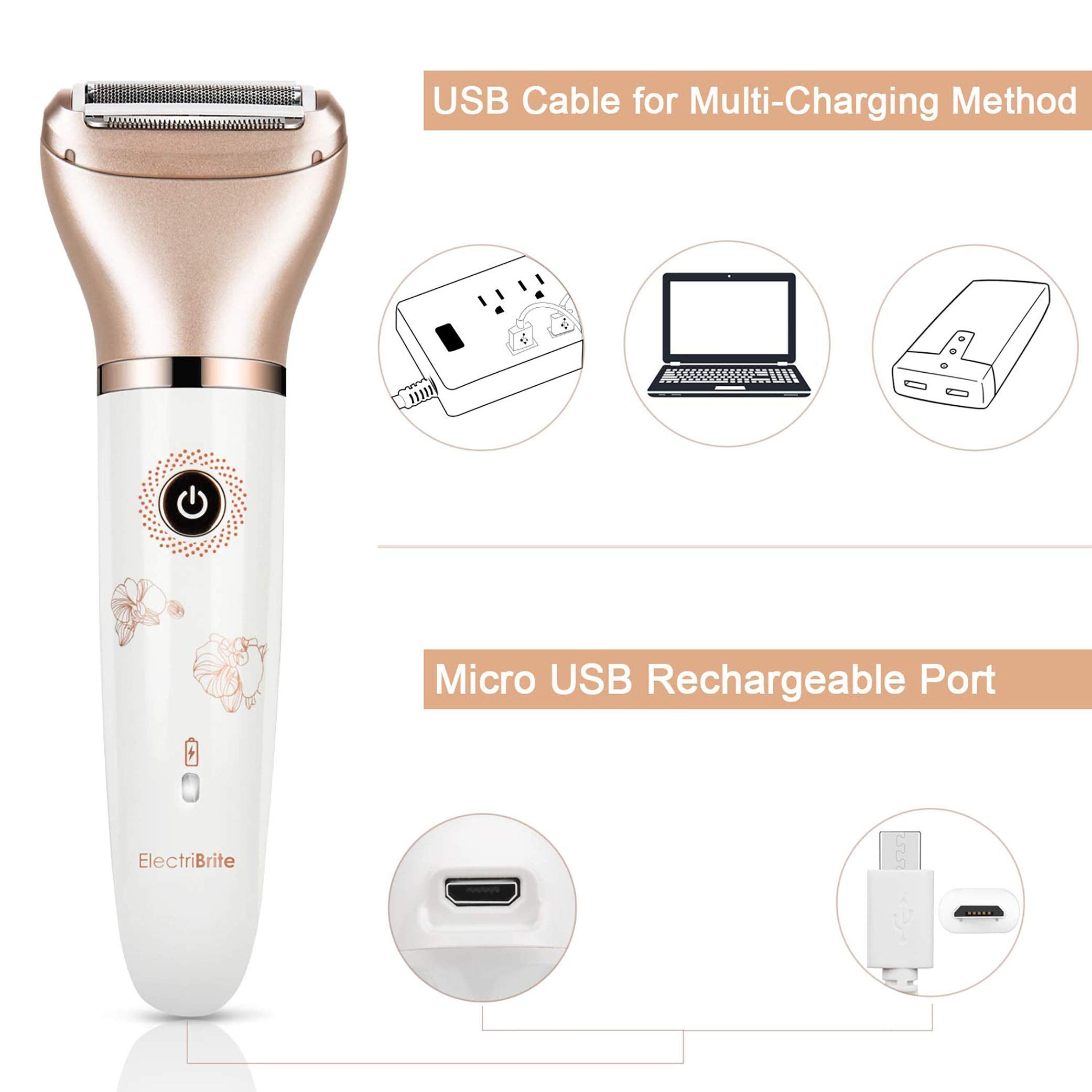 ElectriBrite interchangeable heads with body trimmer, versatile 2-in-1 performance.